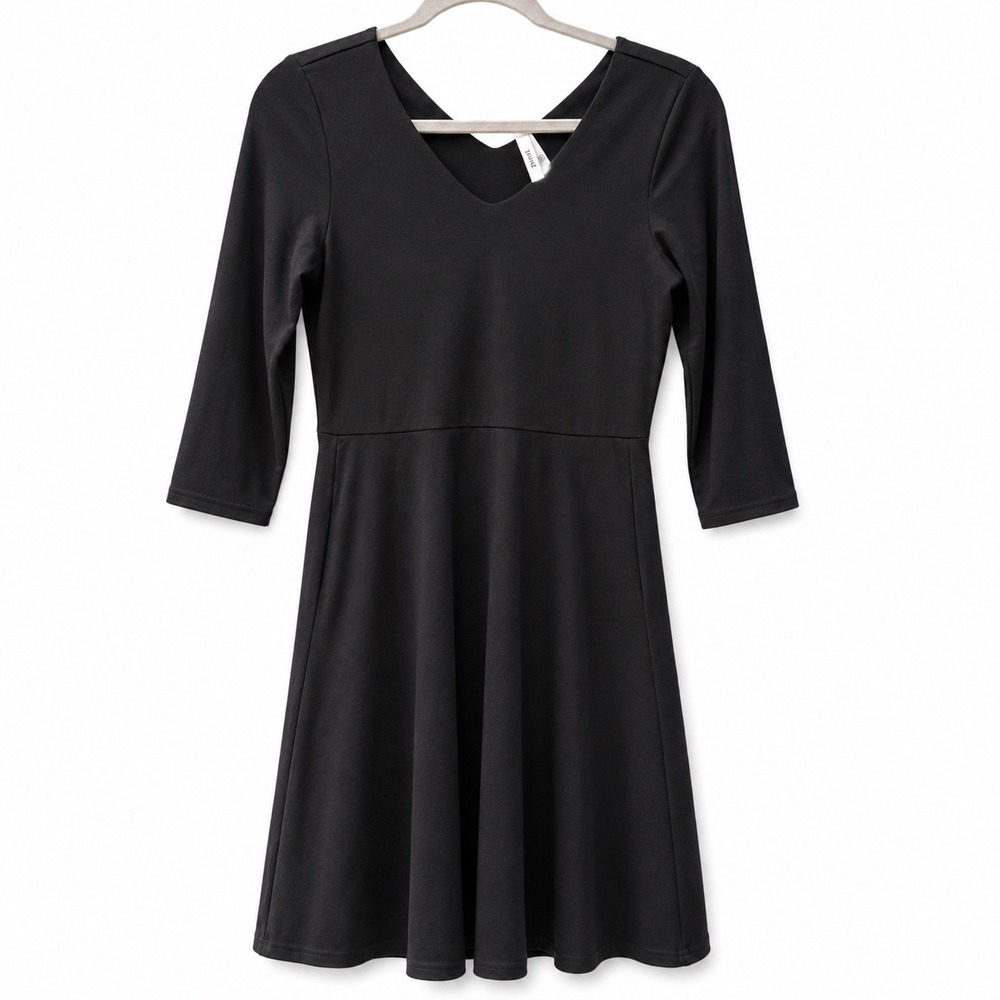 Pact Womens XS Fit & Flare Dress Black Organic Cotton 3/4 Sleeve Minimalist